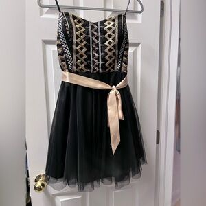 Tease Me Black Tulle Strapless Skirt Cocktail Dress with Gold Embroidered Bodice